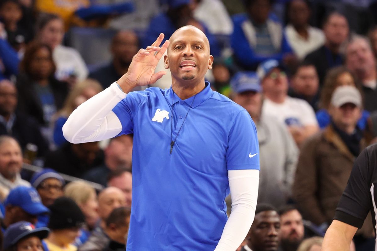 Jan 23, 2025; Memphis, Tennessee, USA; Memphis Tigers Head Coach Penny Hardaway calls a play against the Wichita State Shockers during the second half.at FedExForum. Mandatory Credit: Wesley Hale-Imagn Images