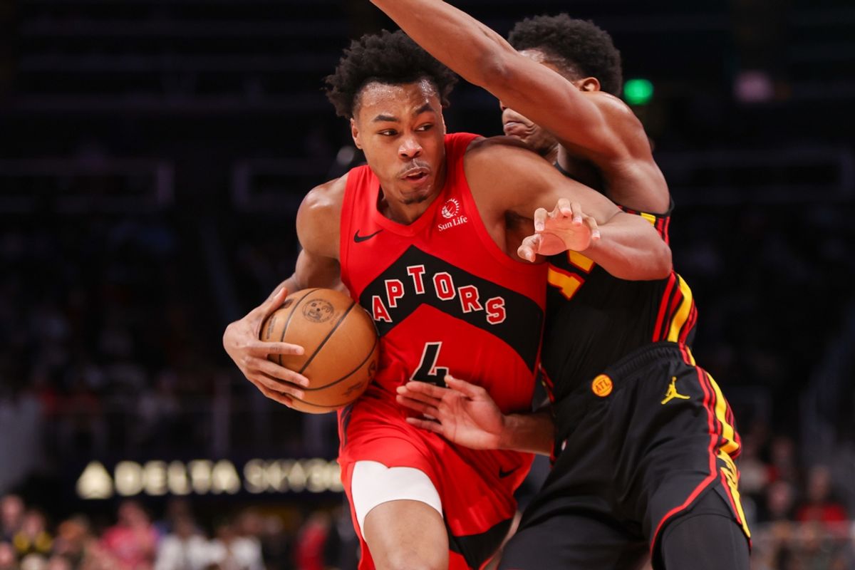 Jan 23, 2025; Atlanta, Georgia, USA; Toronto Raptors forward Scottie Barnes (4) drives to the basket against the Atlanta Hawks in the fourth quarter at State Farm Arena. Mandatory Credit: Brett Davis-Imagn Images