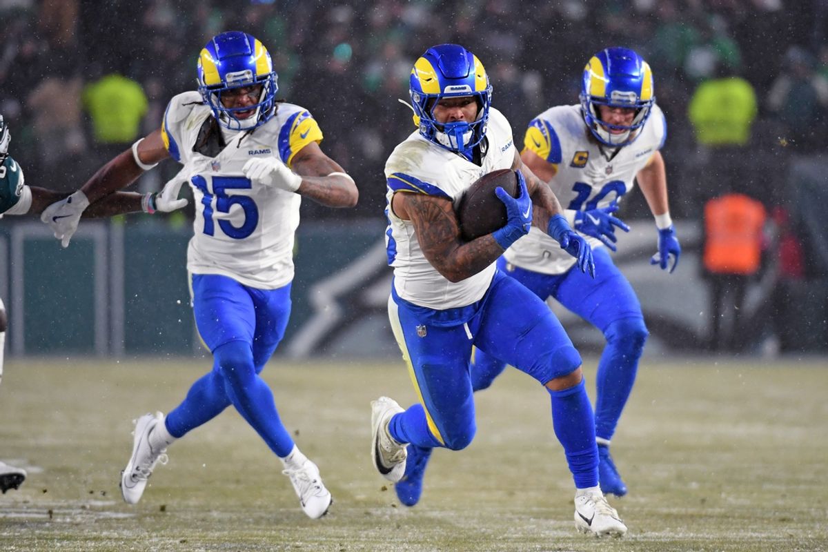 Jan 19, 2025; Philadelphia, Pennsylvania, USA; Los Angeles Rams running back Kyren Williams (23) runs with the ball against the Philadelphia Eagles in a 2025 NFC divisional round game at Lincoln Financial Field. Mandatory Credit: Eric Hartline-Imagn Images