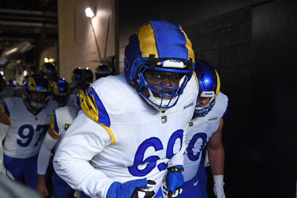 Jan 19, 2025; Philadelphia, Pennsylvania, USA; Los Angeles Rams guard Kevin Dotson (69) walks to the field against the Philadelphia Eagles in a 2025 NFC divisional round game at Lincoln Financial Field. Mandatory Credit: Eric Hartline-Imagn Images