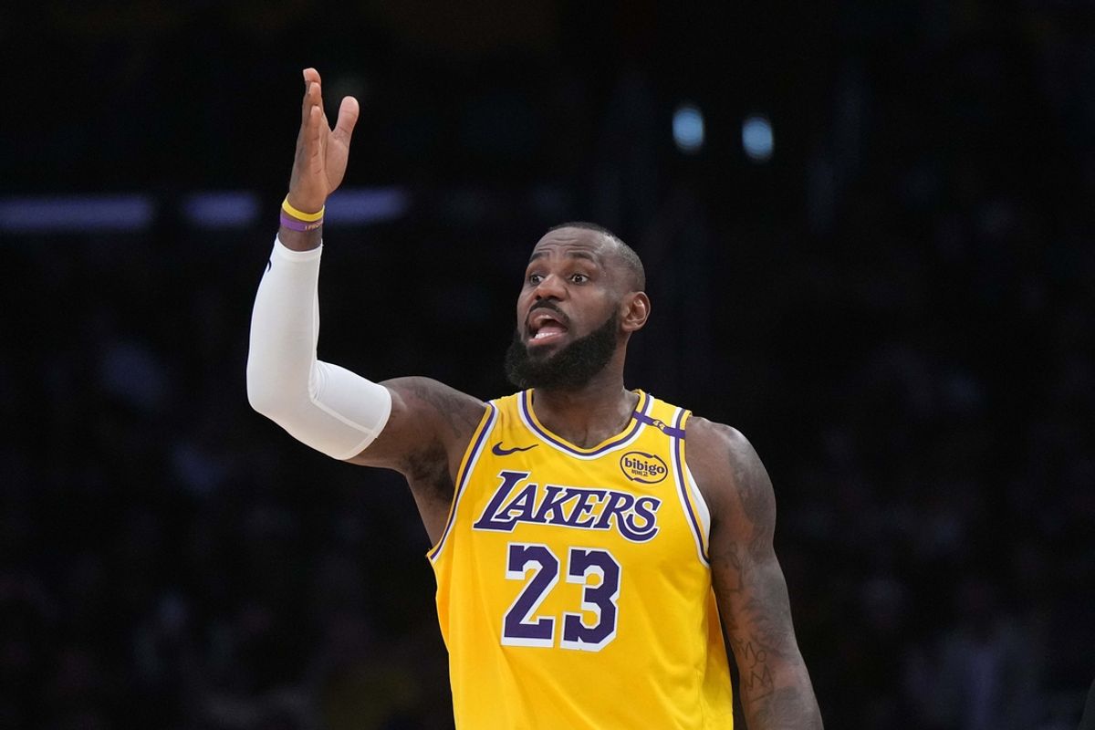 Jan 23, 2025; Los Angeles, California, USA; Los Angeles Lakers forward LeBron James (23) reacts in the second half against the Boston Celtics at the Crypto.com Arena. Mandatory Credit: Kirby Lee-Imagn Images