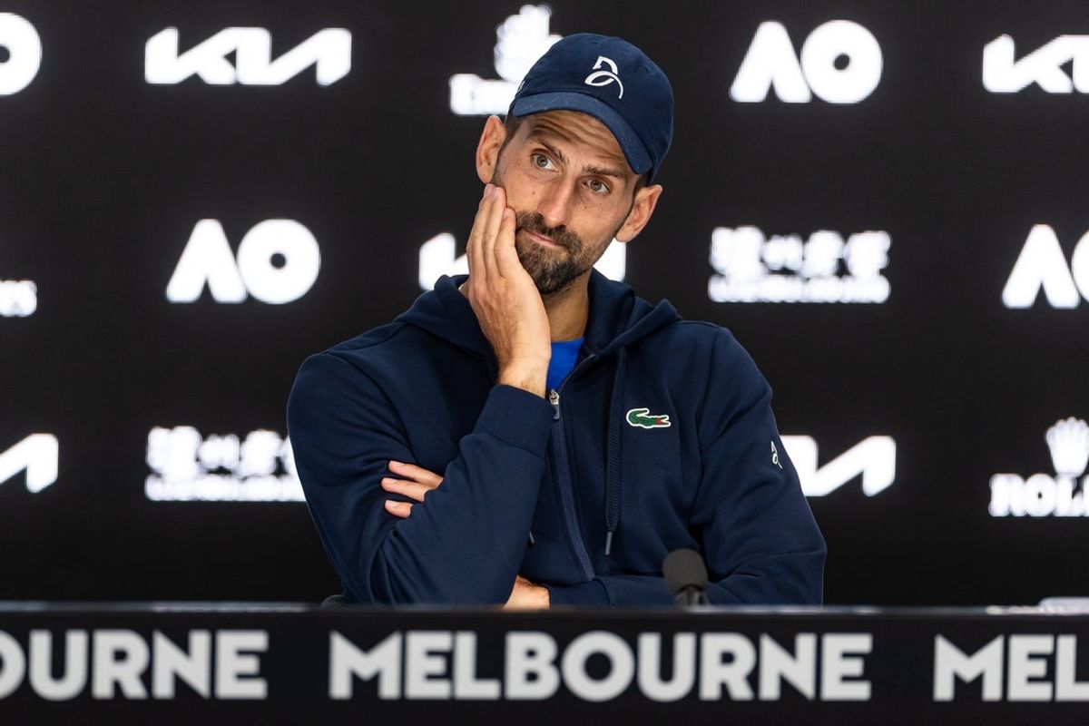 Jan 24, 2025; Melbourne, Victoria, Australia; Novak Djokovic of Serbia interview after his match against Alexander Zverev of Germany in the semifinals of the men's singles at the 2025 Australian Open at Melbourne Park. Mandatory Credit: Mike Frey-Imagn Images