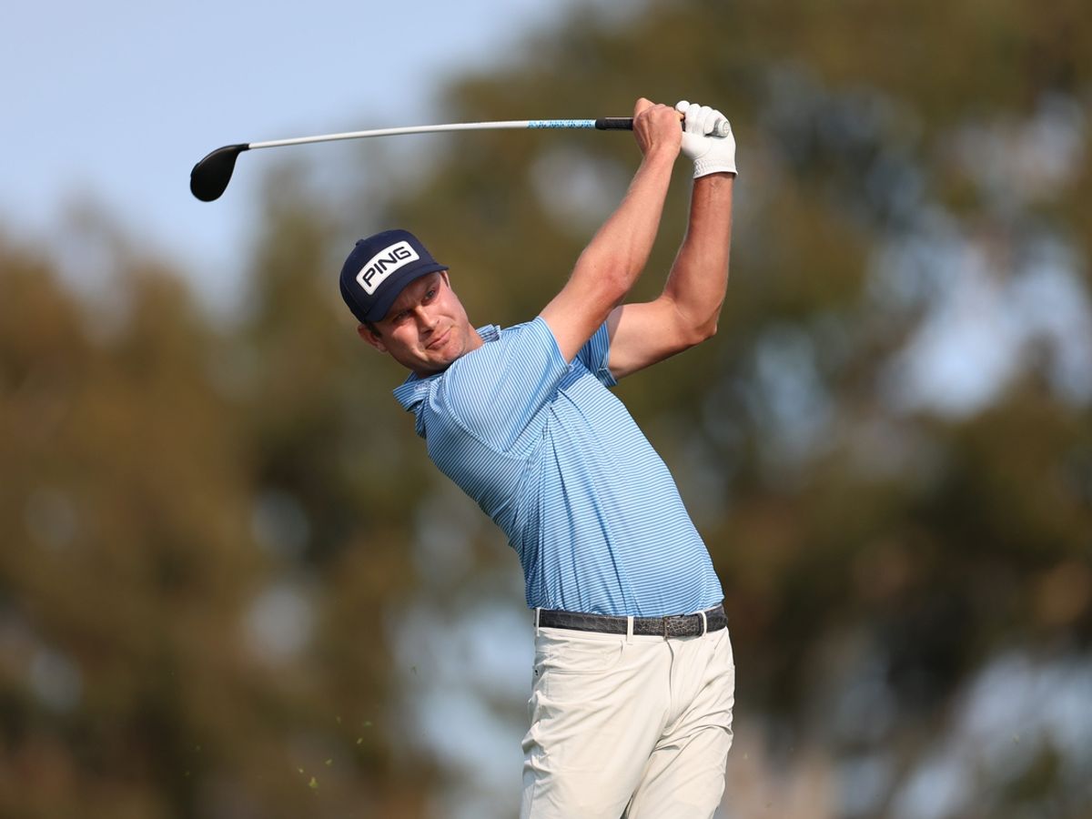Jan 24, 2025; San Diego, California, USA; Harris English plays his shot from the second tee during the third round of the Farmers Insurance Open golf tournament at Torrey Pines Municipal Golf Course - South Course. Mandatory Credit: Abe Arredondo-Imagn Images