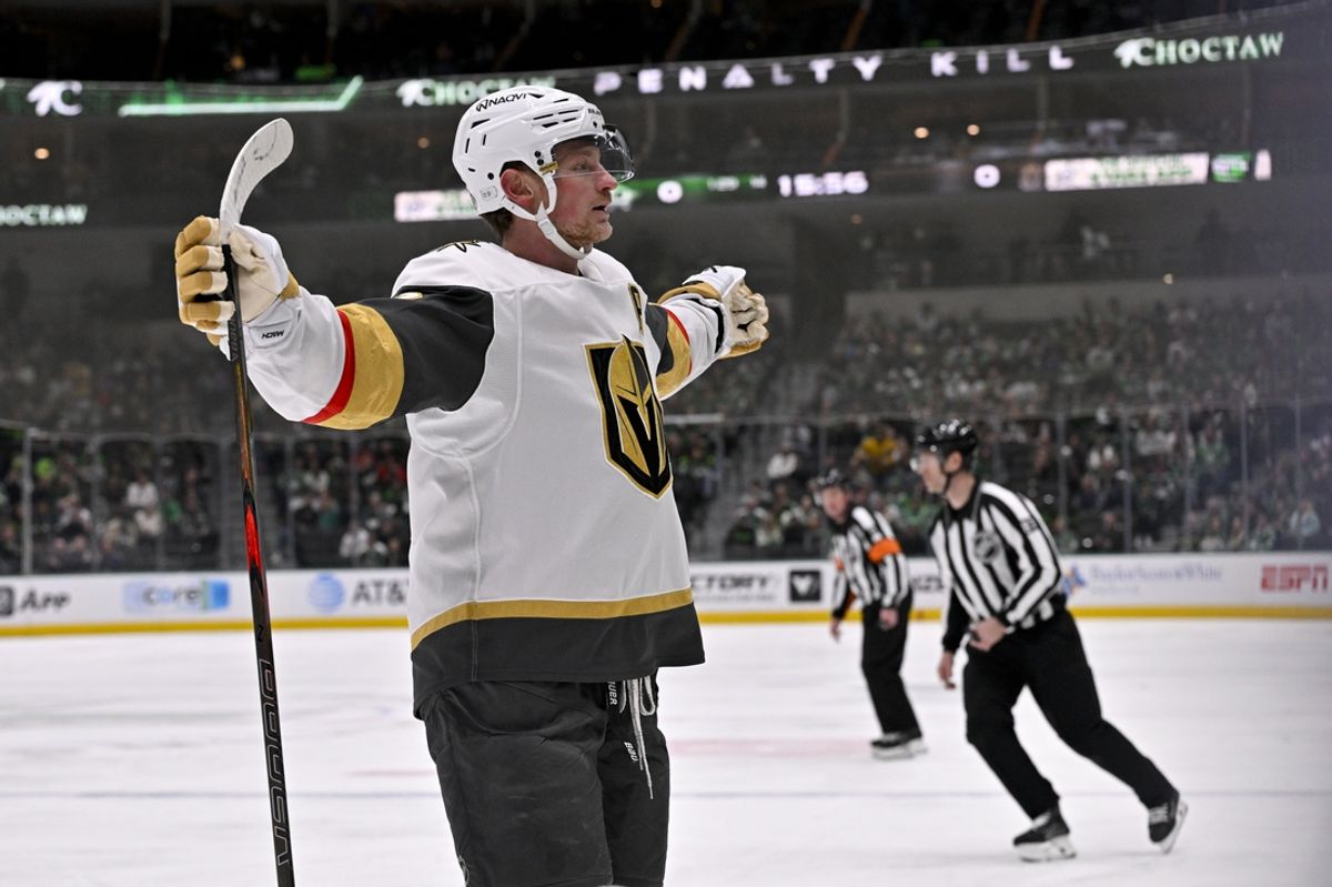 Jan 24, 2025; Dallas, Texas, USA; Vegas Golden Knights center Jack Eichel (9) celebrates after he scores a goal against the Dallas Stars during the first period at the American Airlines Center. Mandatory Credit: Jerome Miron-Imagn Images