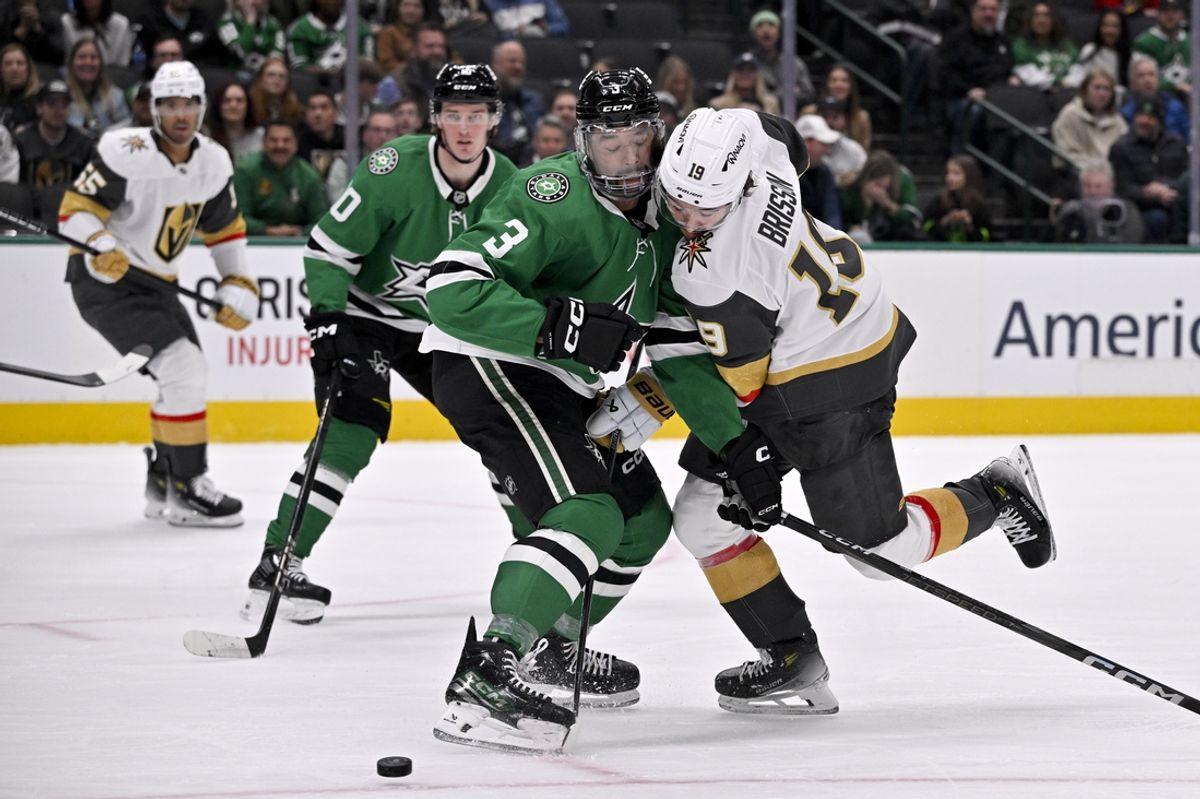 Jan 24, 2025; Dallas, Texas, USA; Dallas Stars defenseman Matt Dumba (3) checks Vegas Golden Knights center Brendan Brisson (19) during the first period at the American Airlines Center. Mandatory Credit: Jerome Miron-Imagn Images
