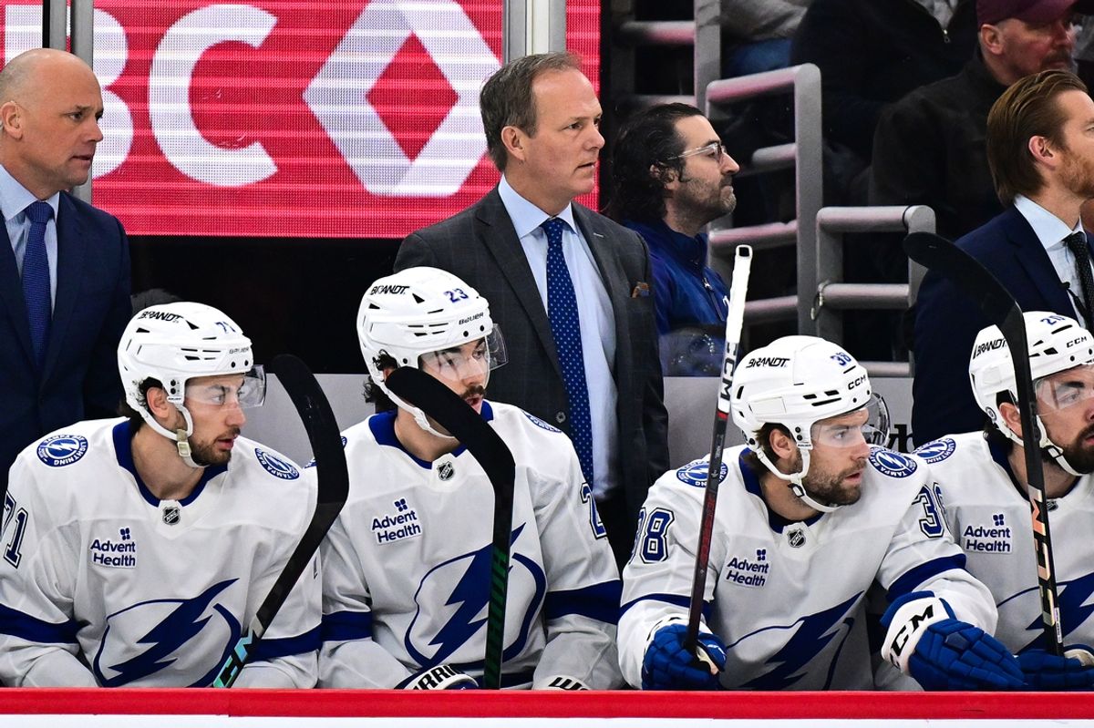 Jan 24, 2025; Chicago, Illinois, USA; Tampa Bay Lightning head coach Jon Cooper looks on against the Chicago Blackhawks during the first period at the United Center. Mandatory Credit: Daniel Bartel-Imagn Images