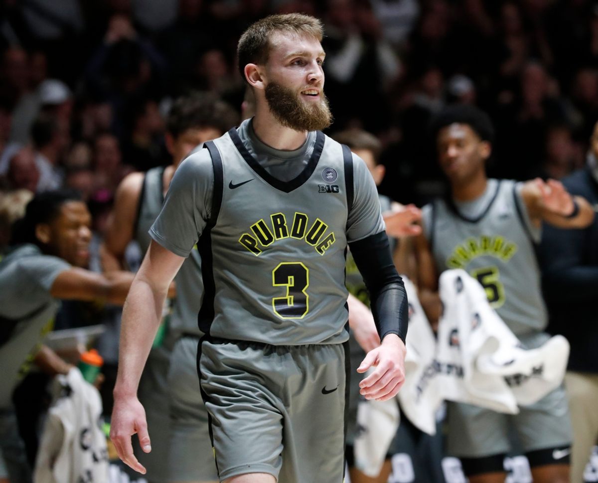 Purdue Boilermakers guard Braden Smith (3) smiles after a Michigan Wolverines turnover Friday, Jan. 24, 2025, during the NCAA men’s basketball game at Mackey Arena in West Lafayette, Ind.