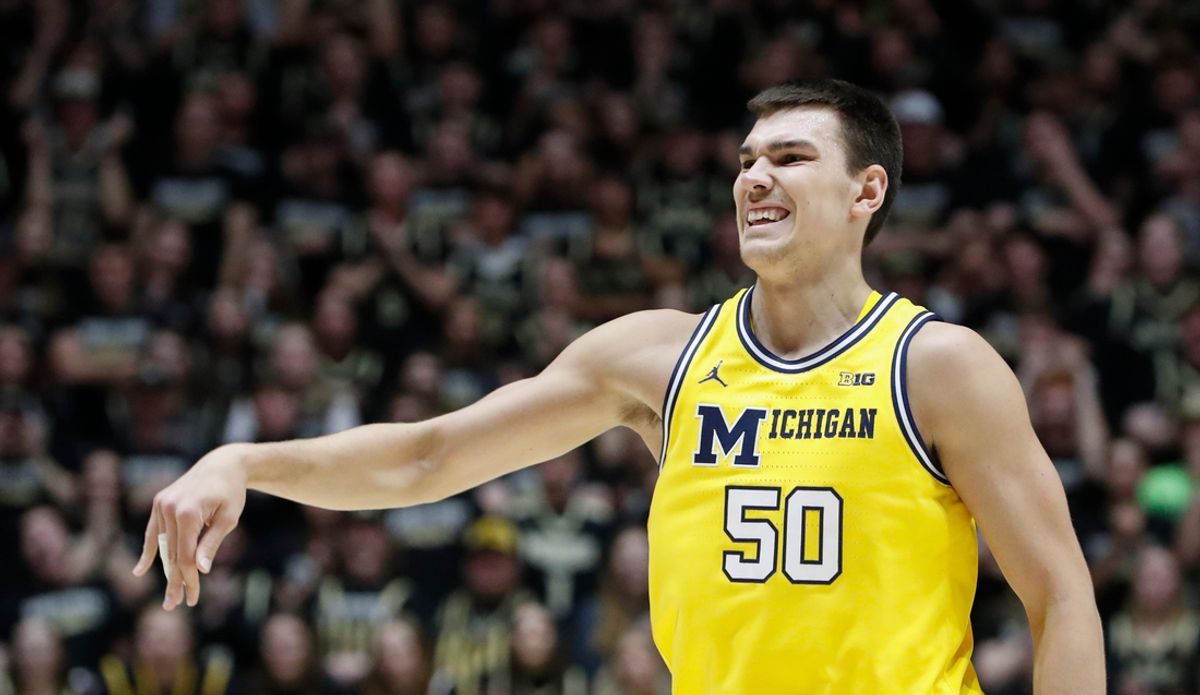 Michigan Wolverines center Vladislav Goldin (50) reacts after missing a shot Friday, Jan. 24, 2025, during the NCAA men’s basketball game against the Purdue Boilermakers at Mackey Arena in West Lafayette, Ind.