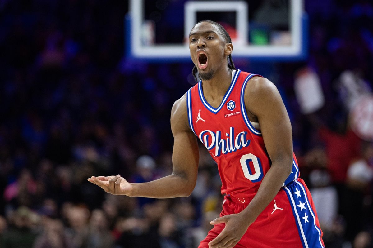 Jan 24, 2025; Philadelphia, Pennsylvania, USA; Philadelphia 76ers guard Tyrese Maxey (0) reacts to a play against the Cleveland Cavaliers during the fourth quarter at Wells Fargo Center. Mandatory Credit: Bill Streicher-Imagn Images