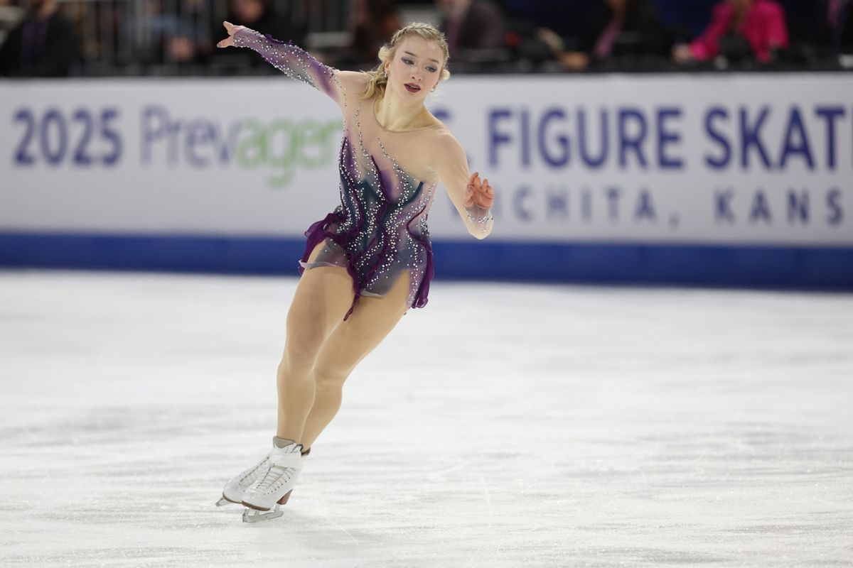 Jan 24, 2025; Wichita, Kansas, USA; Amber Glenn competes in the Championship Women’s Free Skate during the 2025 U.S. Figure Skating Championship at INTRUST Bank Arena. Mandatory Credit: William Purnell-Imagn Images