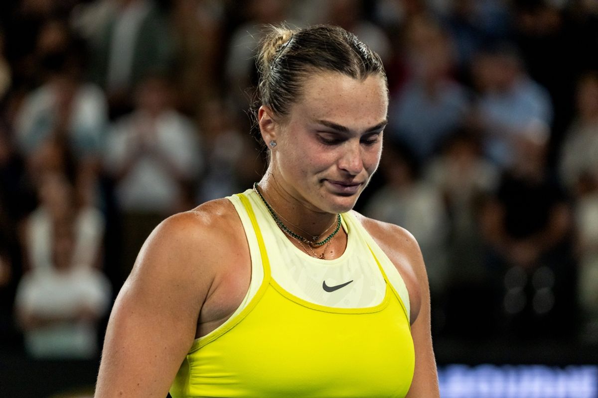Jan 25, 2025; Melbourne, Victoria, Australia; Aryna Sabalenka after losing the match against Madison Keys of United States of America in the final of the women's singles at the 2025 Australian Open at Melbourne Park. Mandatory Credit: Mike Frey-Imagn Images