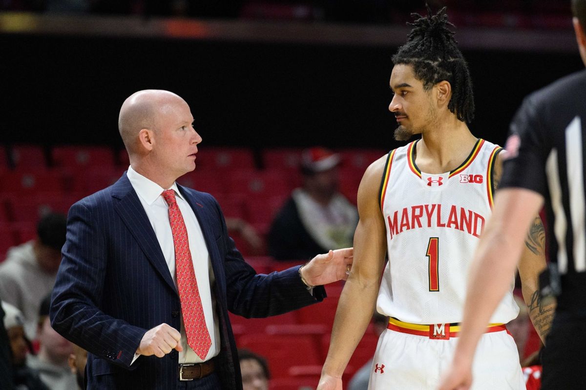 Jan 19, 2025; College Park, Maryland, USA; Maryland Terrapins head coach Kevin Willard talks with Maryland Terrapins guard Rodney Rice (1) during the first half in the game against the Nebraska Cornhuskers at Xfinity Center. Mandatory Credit: Reggie Hildred-Imagn Images