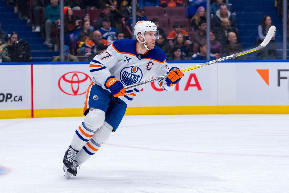Jan 18, 2025; Vancouver, British Columbia, CAN; Edmonton Oilers forward Connor McDavid (97) skates against the Vancouver Canucks in the second period at Rogers Arena. Mandatory Credit: Bob Frid-Imagn Images