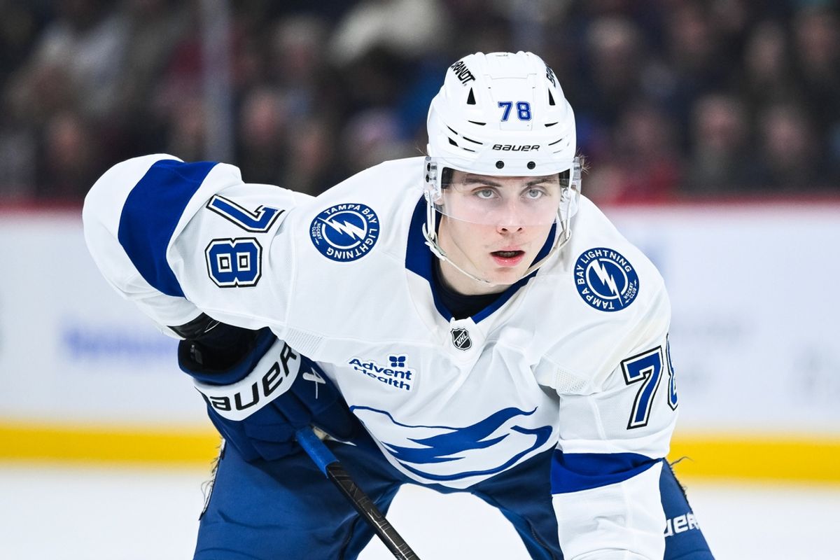 Jan 21, 2025; Montreal, Quebec, CAN; Tampa Bay Lightning defenseman Emil Lilleberg (78) waits for a face-off against the Montreal Canadiens during the second period at Bell Centre. Mandatory Credit: David Kirouac-Imagn Images