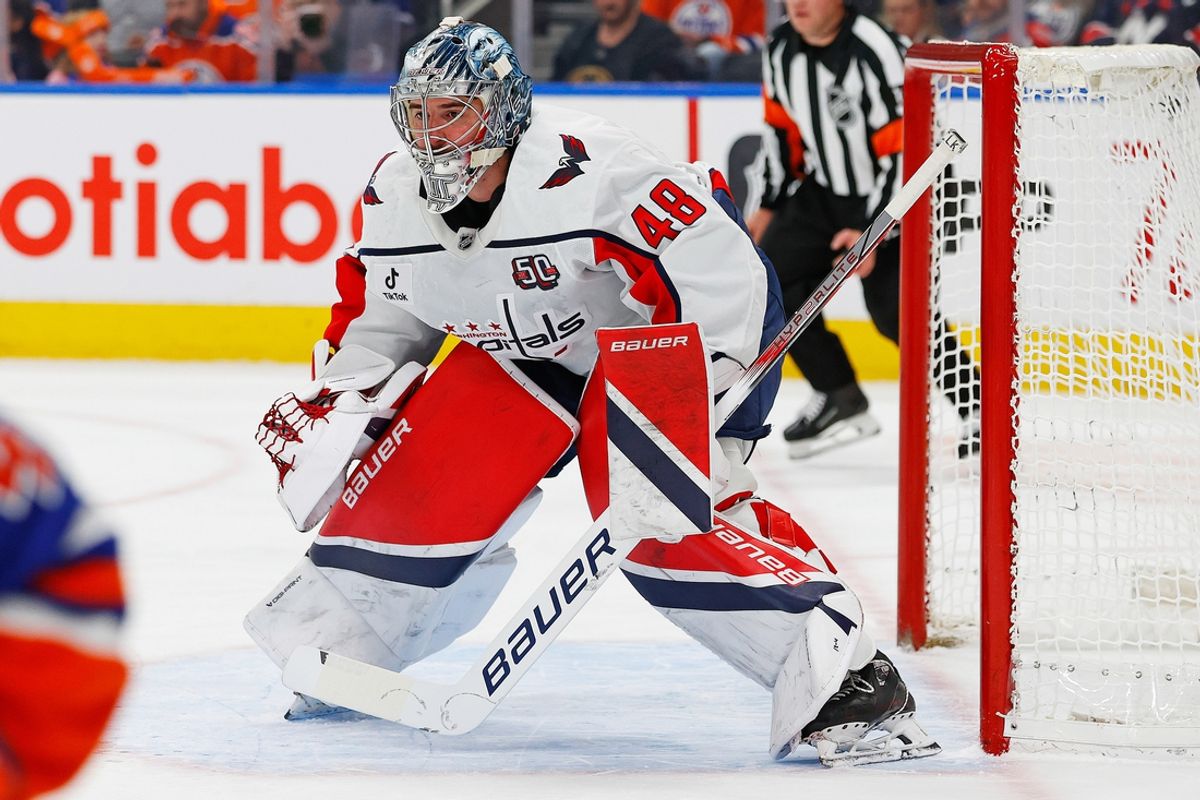 Jan 21, 2025; Edmonton, Alberta, CAN; Washington Capitals goaltender Logan Thompson (48) follows the play against the Edmonton Oilers at Rogers Place. Mandatory Credit: Perry Nelson-Imagn Images