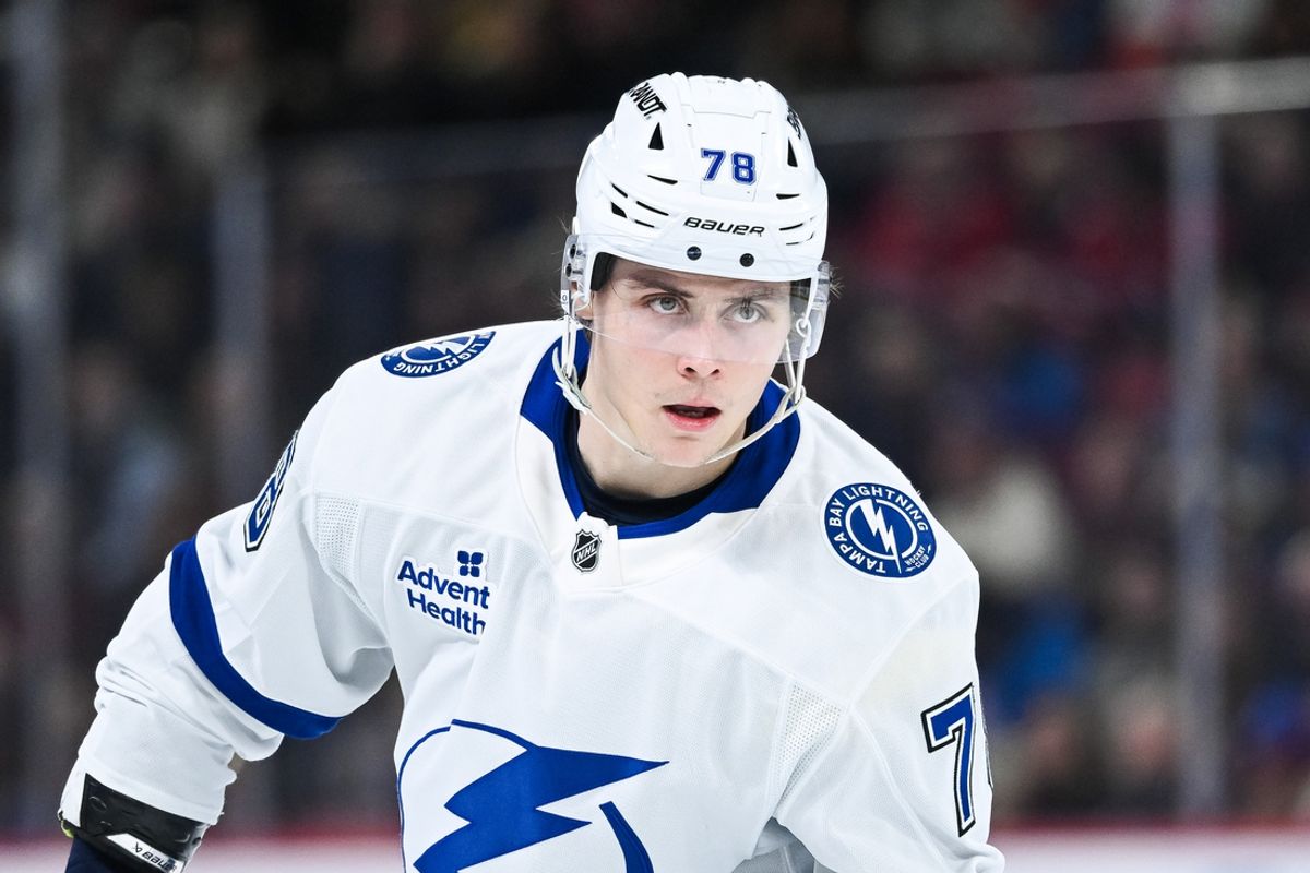 Jan 21, 2025; Montreal, Quebec, CAN; Tampa Bay Lightning defenseman Emil Lilleberg (78) looks on during the second period at Bell Centre. Mandatory Credit: David Kirouac-Imagn Images