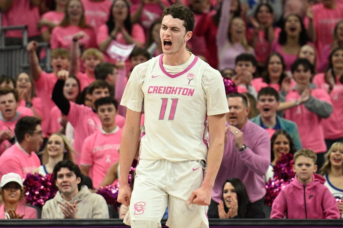 Jan 25, 2025; Omaha, Nebraska, USA;  Creighton Bluejays center Ryan Kalkbrenner (11) reacts after scoring against the Seton Hall Pirates during the first half at CHI Health Center Omaha. Mandatory Credit: Steven Branscombe-Imagn Images