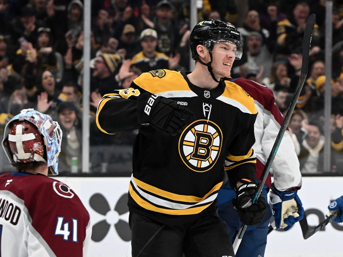 Jan 25, 2025; Boston, Massachusetts, USA; Boston Bruins center Morgan Geekie (39) reacts after scoring a goal on Colorado Avalanche goaltender Scott Wedgewood (41) during the third period at the TD Garden. Mandatory Credit: Brian Fluharty-Imagn Images