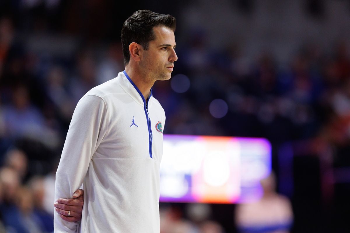 Jan 25, 2025; Gainesville, Florida, USA; Florida Gators head coach Todd Golden looks on against the Georgia Bulldogs during the first half at Exactech Arena at the Stephen C. O'Connell Center. Mandatory Credit: Matt Pendleton-Imagn Images