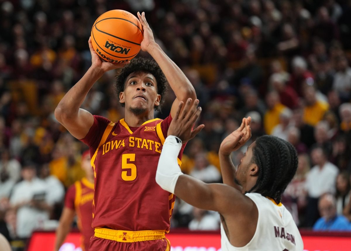 Jan 25, 2025; Tempe, Arizona, USA; Iowa State Cyclones guard Curtis Jones (5) shoots against the Arizona State Sun Devils during the second half at Desert Financial Arena. Mandatory Credit: Joe Camporeale-Imagn Images