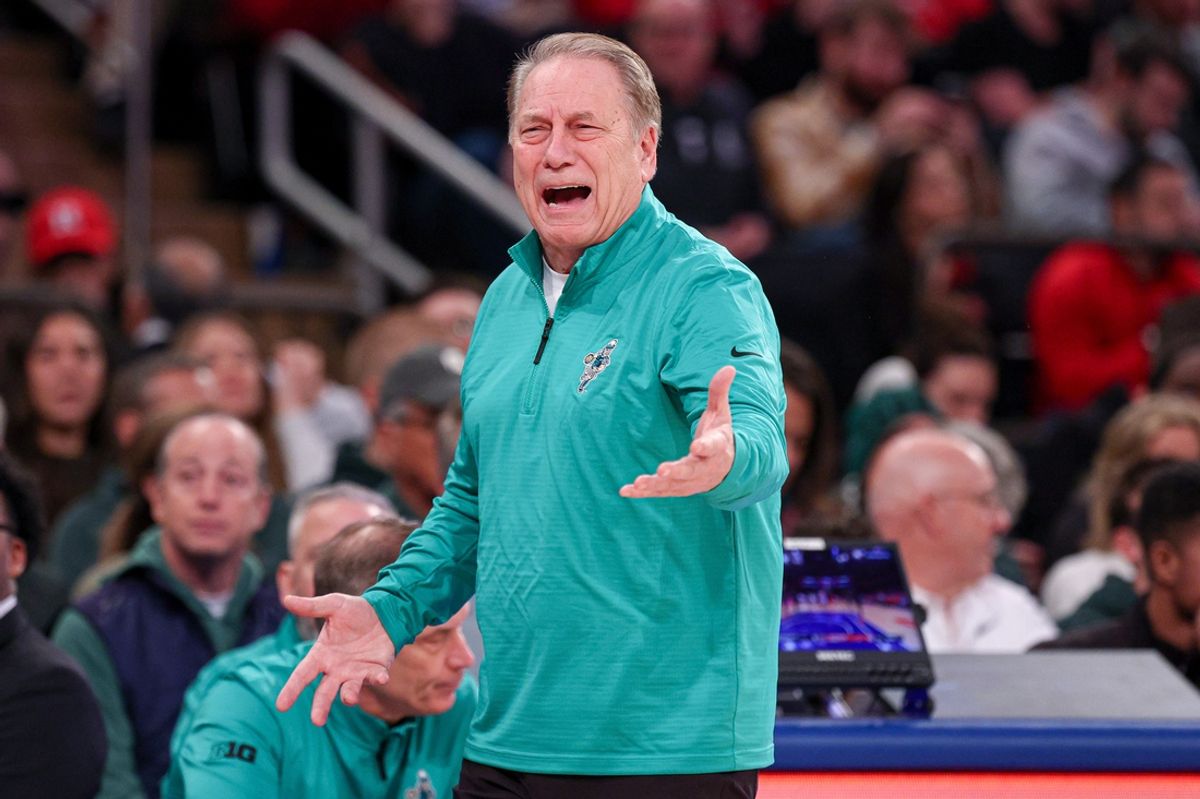 Jan 25, 2025; New York, New York, USA; Michigan State Spartans head coach Tom Izzo reacts during the first half against the Rutgers Scarlet Knights at Madison Square Garden. Mandatory Credit: Vincent Carchietta-Imagn Images