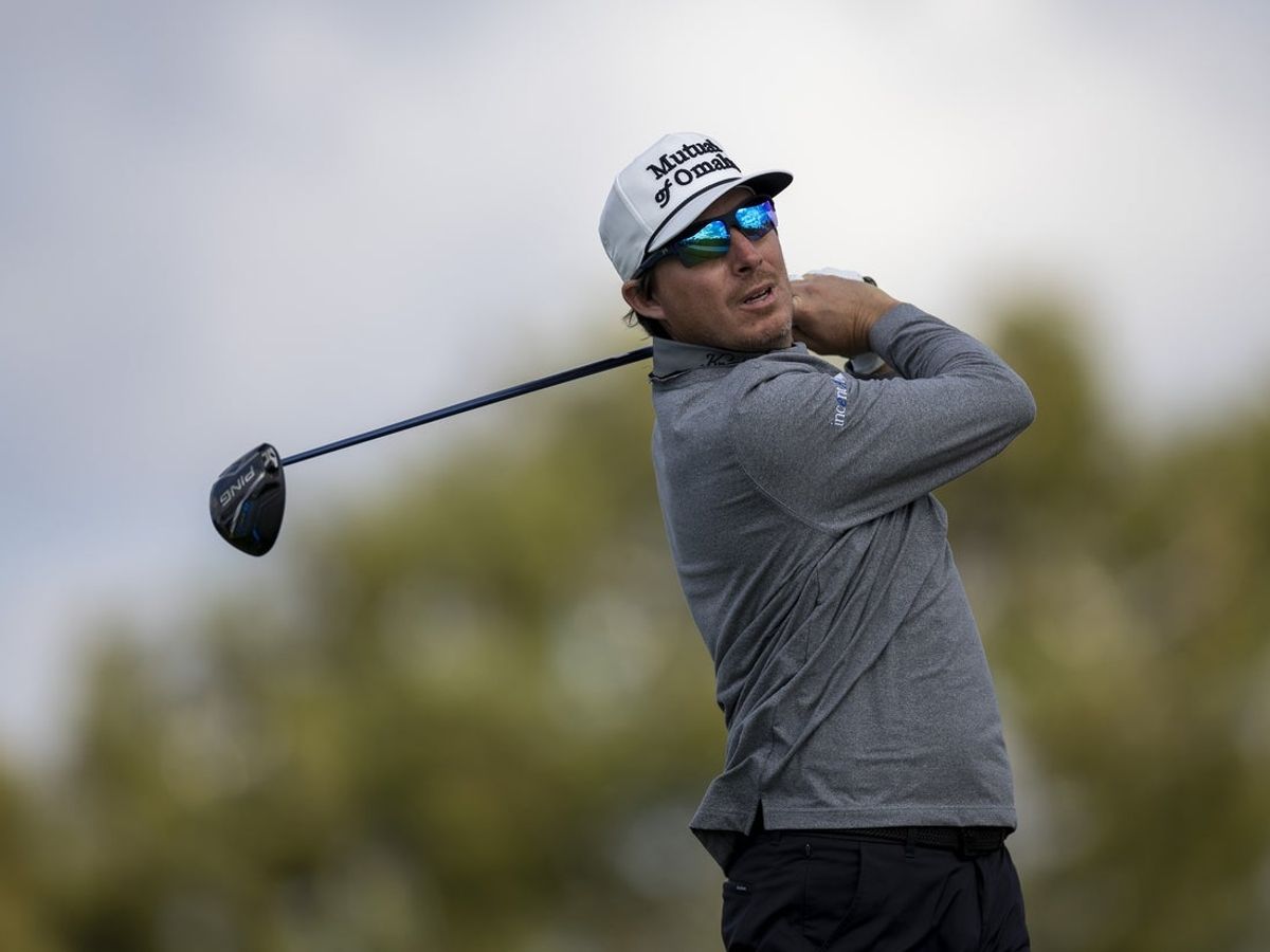 Jan 25, 2025; San Diego, California, USA; Joel Dahmen plays his shot from the second tee during the final round of the Farmers Insurance Open golf tournament at Torrey Pines Municipal Golf Course - South Course. Mandatory Credit: Abe Arredondo-Imagn Images