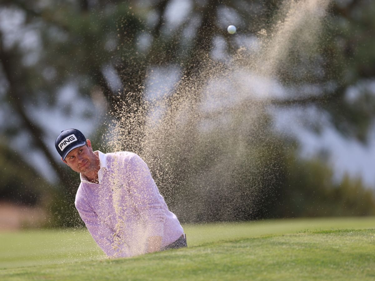 Jan 25, 2025; San Diego, California, USA; Harris English plays a shot from a bunker on the fourth hole during the final round of the Farmers Insurance Open golf tournament at Torrey Pines Municipal Golf Course - South Course. Mandatory Credit: Abe Arredondo-Imagn Images