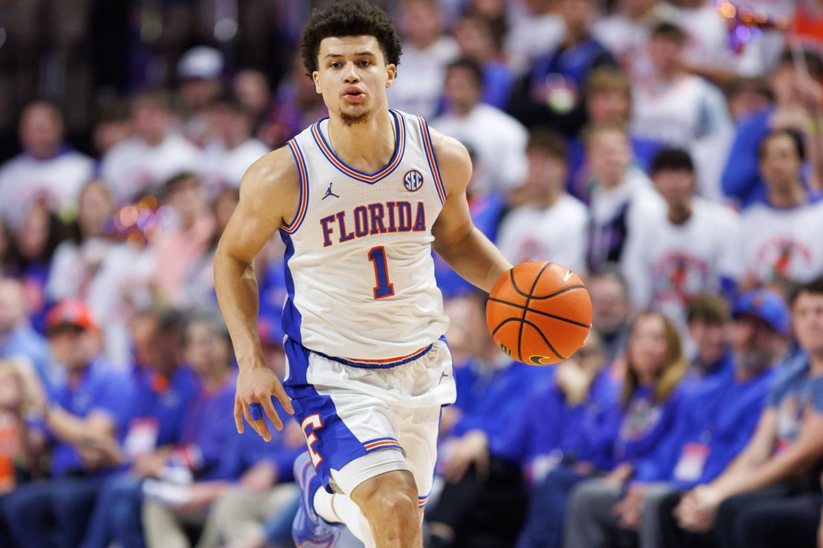 Jan 25, 2025; Gainesville, Florida, USA; Florida Gators guard Walter Clayton Jr. (1) dribbles the ball against the Georgia Bulldogs during the second half at Exactech Arena at the Stephen C. O'Connell Center. Mandatory Credit: Matt Pendleton-Imagn Images