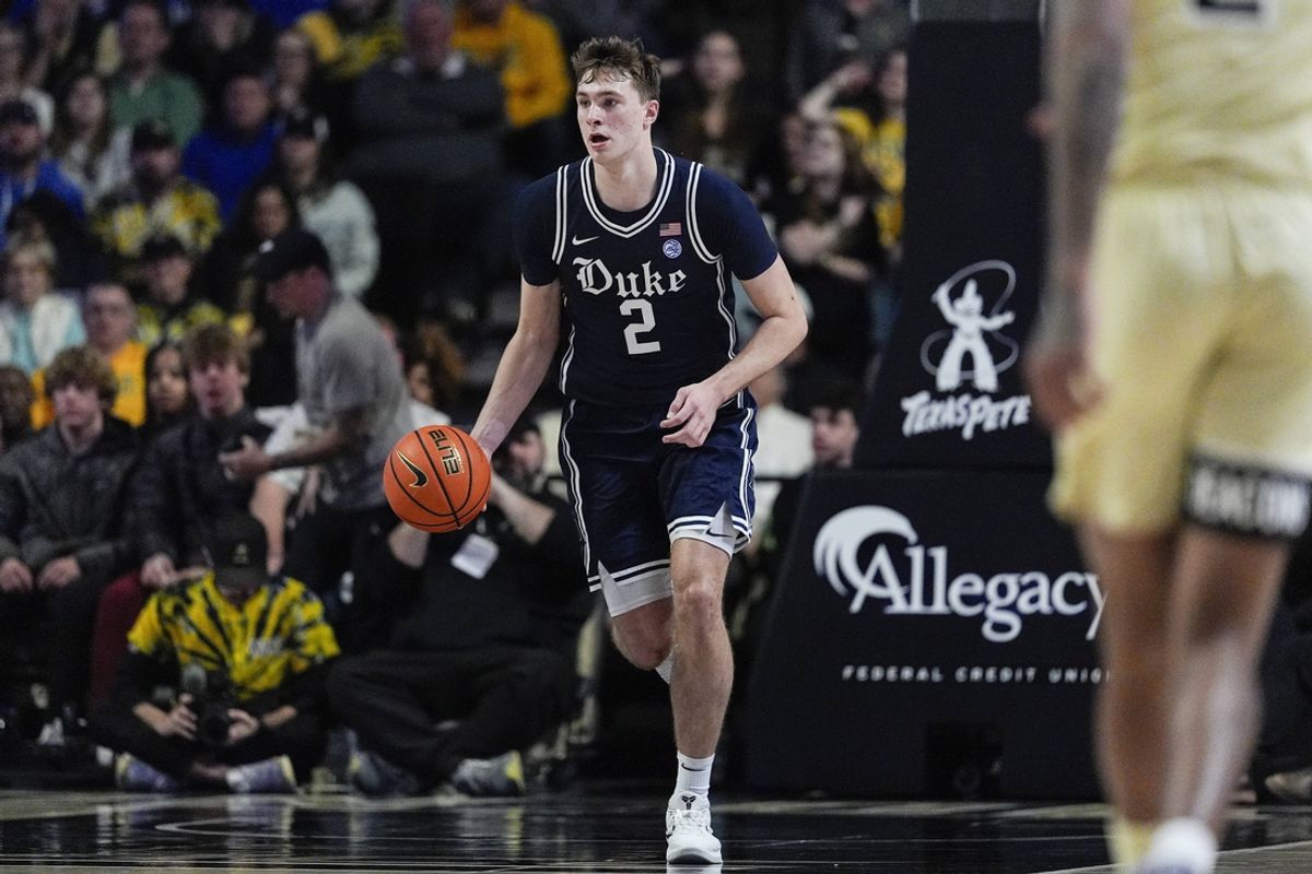 Jan 25, 2025; Winston-Salem, North Carolina, USA; Duke Blue Devils guard Cooper Flagg (2) brings the ball up court against the Wake Forest Demon Deacons during the second half at Lawrence Joel Veterans Memorial Coliseum. Mandatory Credit: Jim Dedmon-Imagn Images