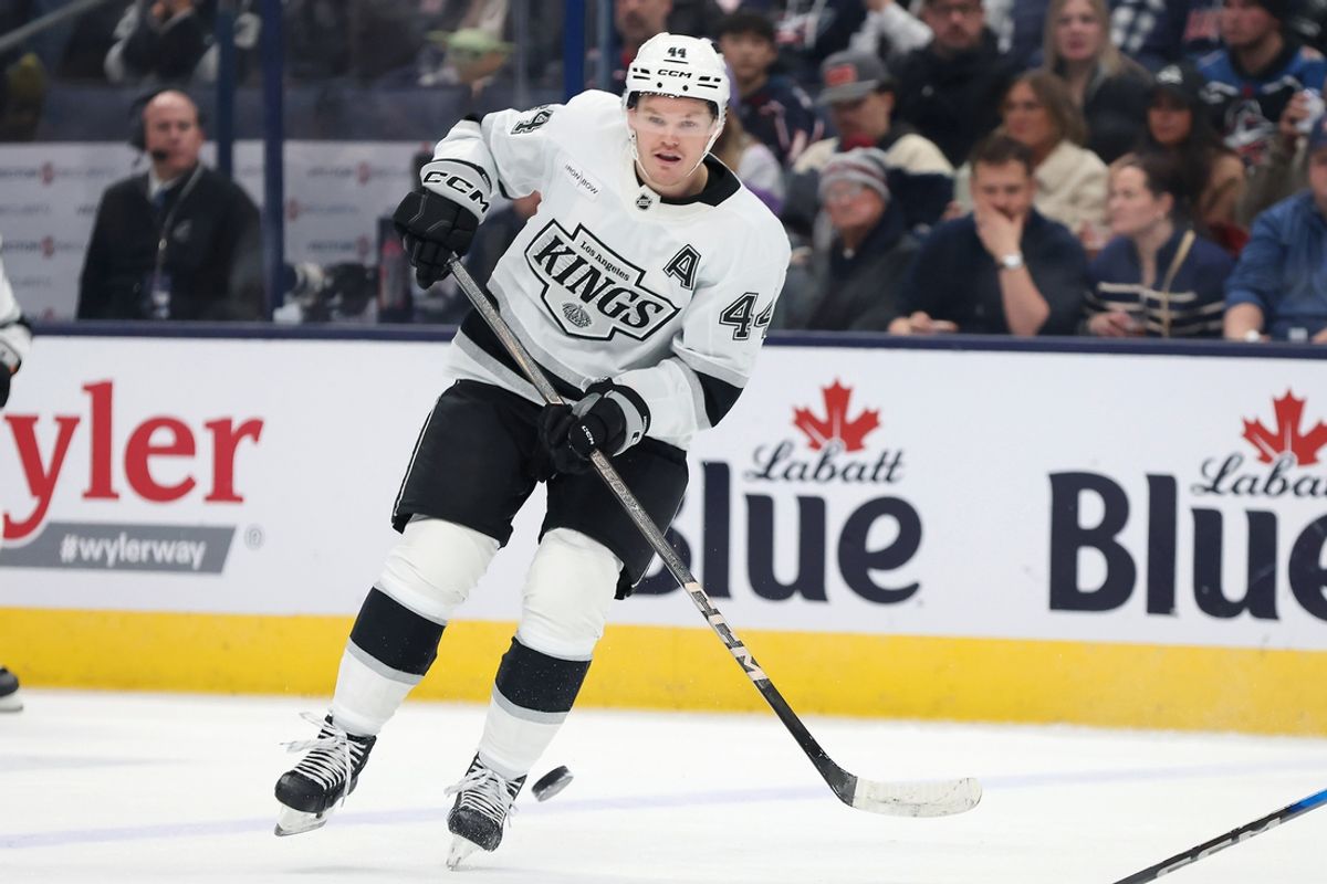 Jan 25, 2025; Columbus, Ohio, USA; Los Angeles Kings defenseman Mikey Anderson (44) passes the puck during the first period against the Columbus Blue Jackets at Nationwide Arena. Mandatory Credit: Joseph Maiorana-Imagn Images