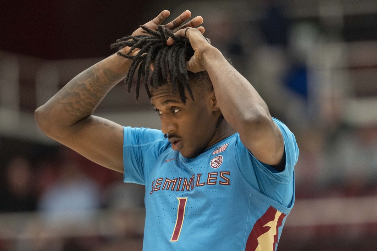 Jan 25, 2025; Stanford, California, USA;  Florida State Seminoles guard Jamir Watkins (1) looks on during the first half against the Stanford Cardinal at Maples Pavilion. Mandatory Credit: Stan Szeto-Imagn Images