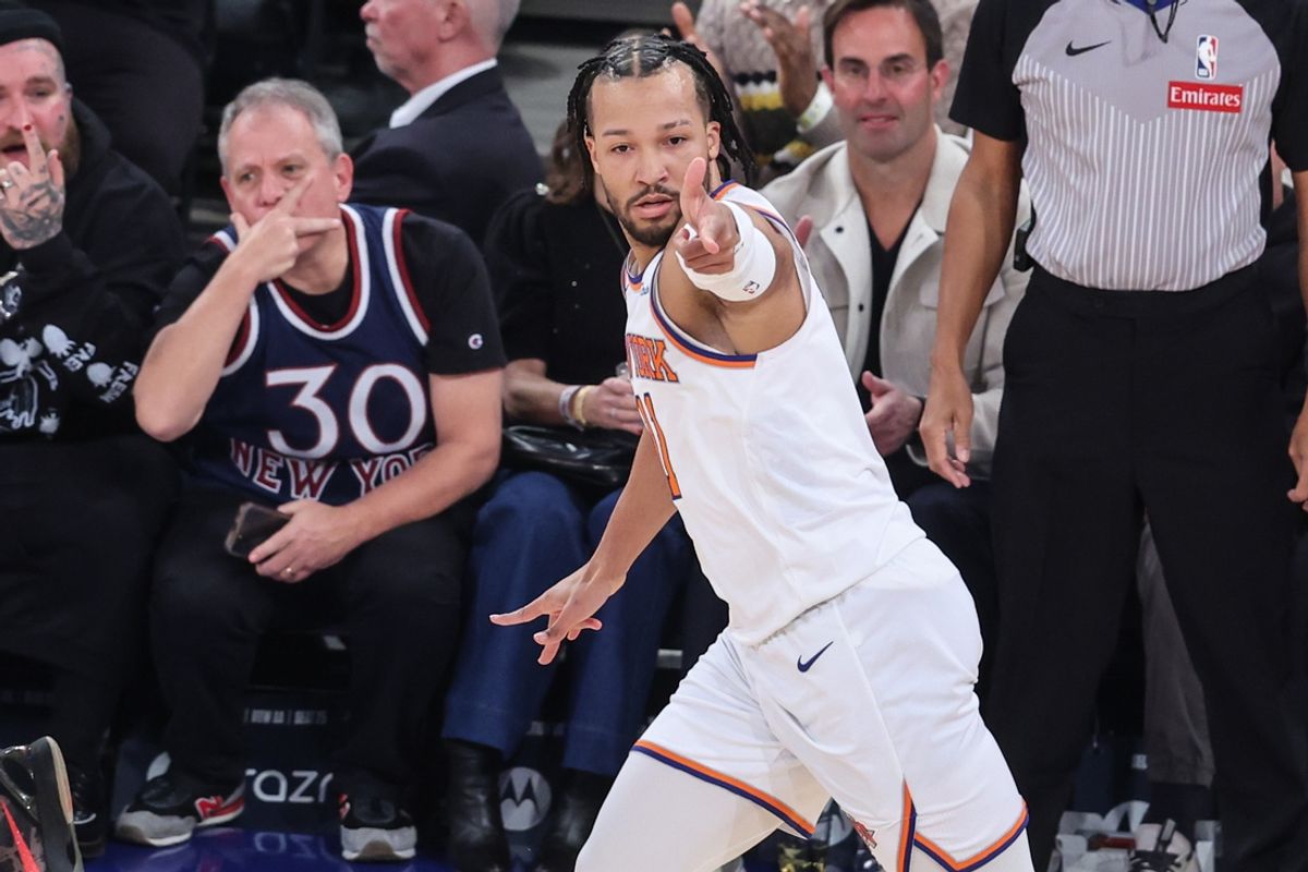 Jan 25, 2025; New York, New York, USA;  New York Knicks guard Jalen Brunson (11) gestures after making a three point basket against the Sacramento Kings in the first quarter at Madison Square Garden. Mandatory Credit: Wendell Cruz-Imagn Images