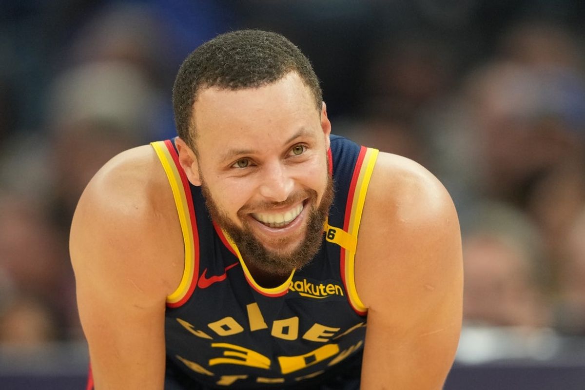 Jan 25, 2025; San Francisco, California, USA; Golden State Warriors guard Stephen Curry (30) smiles on the court during the second quarter against the Los Angeles Lakers at Chase Center. Mandatory Credit: Darren Yamashita-Imagn Images