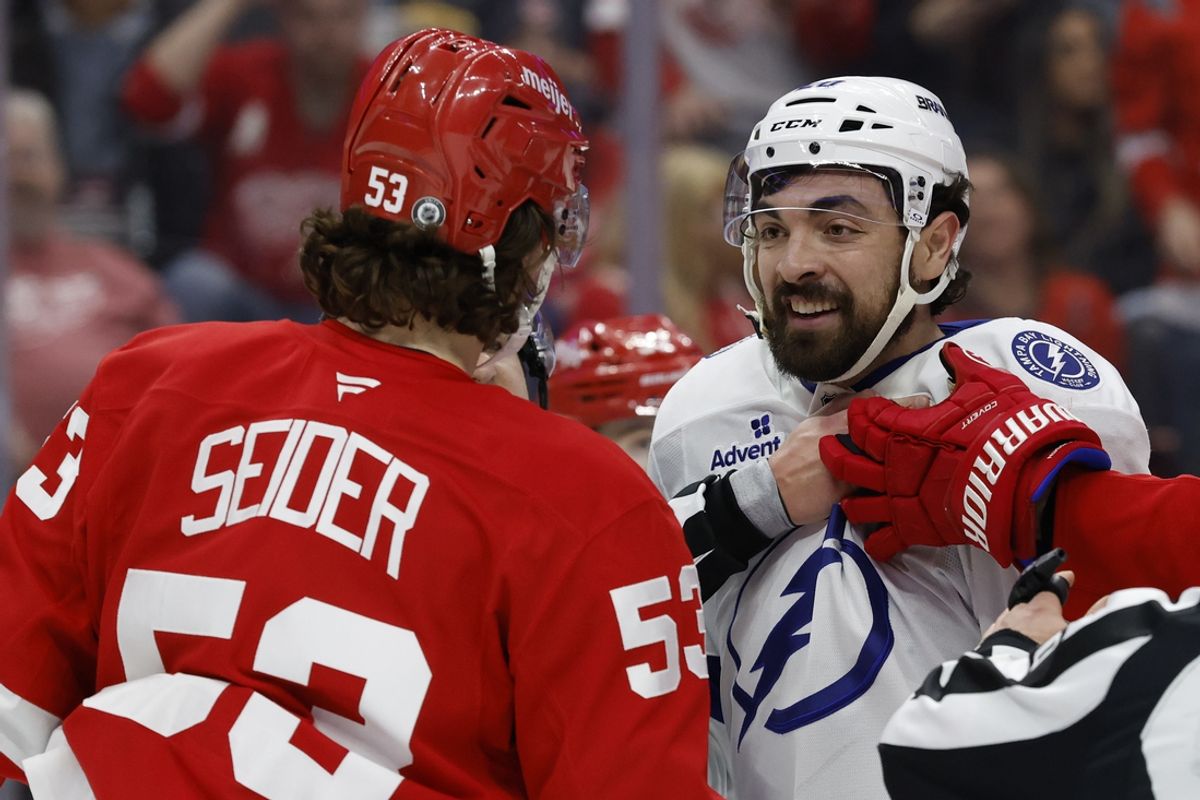 Jan 25, 2025; Detroit, Michigan, USA;  Detroit Red Wings defenseman Moritz Seider (53) and Tampa Bay Lightning left wing Nick Paul (20) react in the third period at Little Caesars Arena. Mandatory Credit: Rick Osentoski-Imagn Images