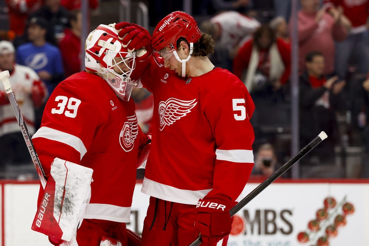 Jan 25, 2025; Detroit, Michigan, USA;  Detroit Red Wings goaltender Cam Talbot (39) and defenseman Moritz Seider (53) celebrate after defeating the Tampa Bay Lightning at Little Caesars Arena. Mandatory Credit: Rick Osentoski-Imagn Images