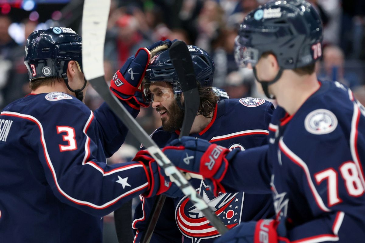 Jan 25, 2025; Columbus, Ohio, USA;  Columbus Blue Jackets right wing Kirill Marchenko (86) celebrates his game winning goal in overtime against the Los Angeles Kings at Nationwide Arena. Mandatory Credit: Joseph Maiorana-Imagn Images