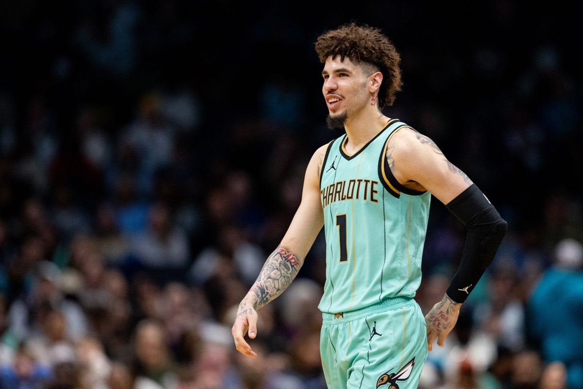 Jan 25, 2025; Charlotte, North Carolina, USA; Charlotte Hornets guard LaMelo Ball (1) reacts during the fourth quarter against the New Orleans Pelicans at Spectrum Center. Mandatory Credit: Scott Kinser-Imagn Images