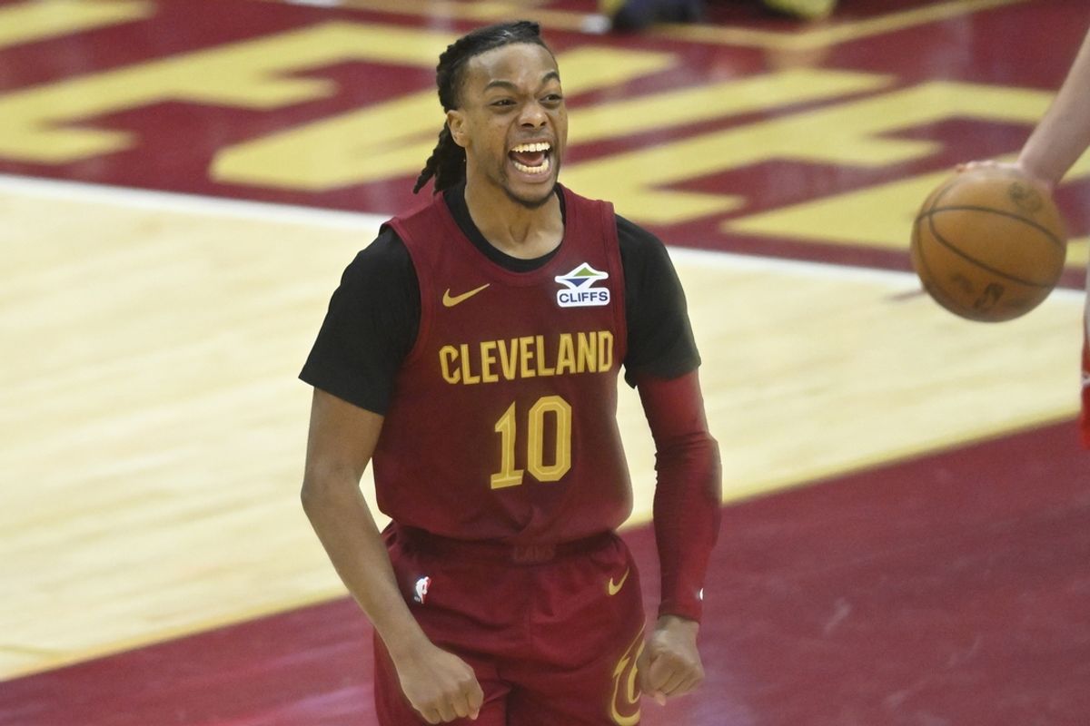 Jan 25, 2025; Cleveland, Ohio, USA; Cleveland Cavaliers guard Darius Garland (10) celebrates in the fourth quarter against the Houston Rockets at Rocket Mortgage FieldHouse. Mandatory Credit: David Richard-Imagn Images