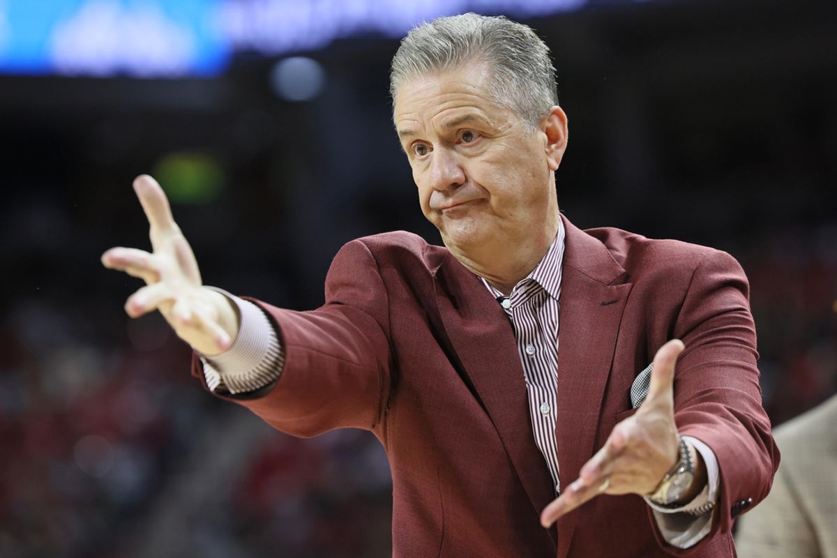 Jan 25, 2025; Fayetteville, Arkansas, USA; Arkansas Razorbacks head coach John Calipari reacts to a play int he second half against the Oklahoma Sooners at Bud Walton Arena. Oklahoma won 65-62. Mandatory Credit: Nelson Chenault-Imagn Images