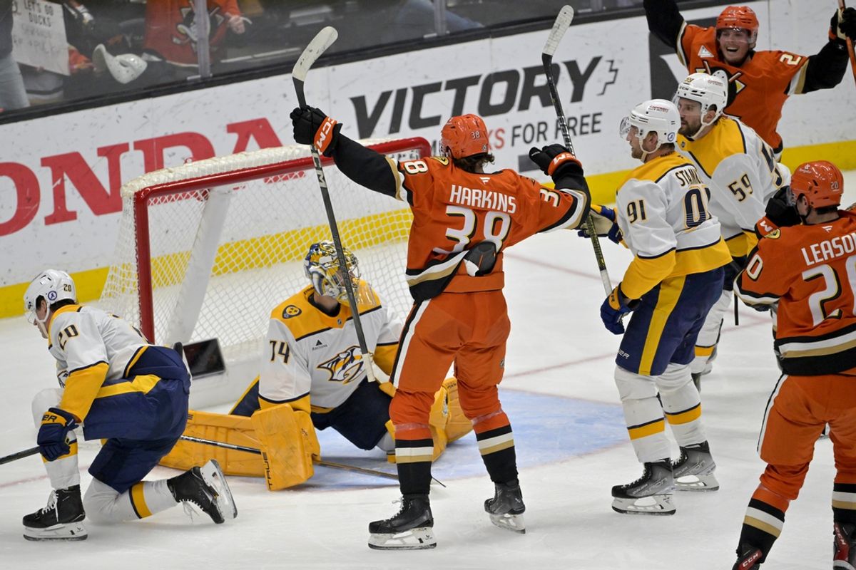 Jan 25, 2025; Anaheim, California, USA; Anaheim Ducks center Jansen Harkins (38) celebrates after scoring past Nashville Predators goaltender Juuse Saros (74) in the second period at Honda Center. Mandatory Credit: Jayne Kamin-Oncea-Imagn Images