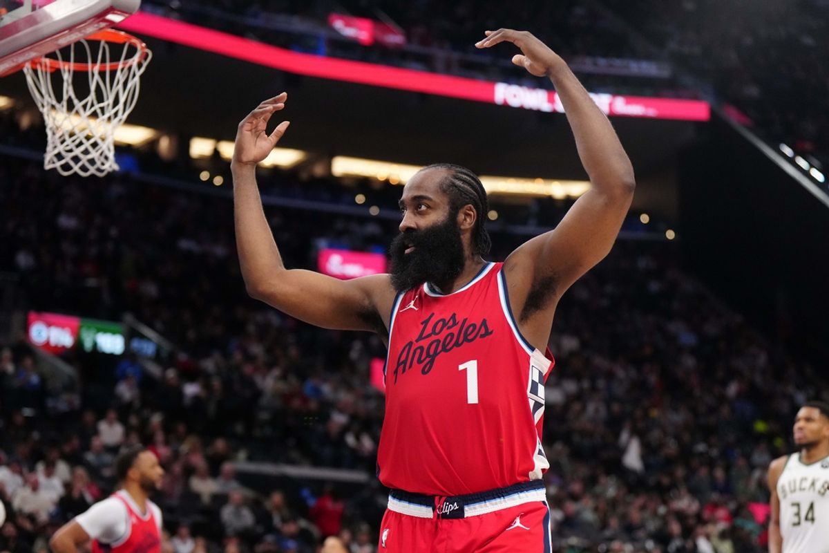 Jan 25, 2025; Inglewood, California, USA; LA Clippers guard James Harden (1) reacts against the Milwaukee Bucks in the second half at Intuit Dome. Mandatory Credit: Kirby Lee-Imagn Images