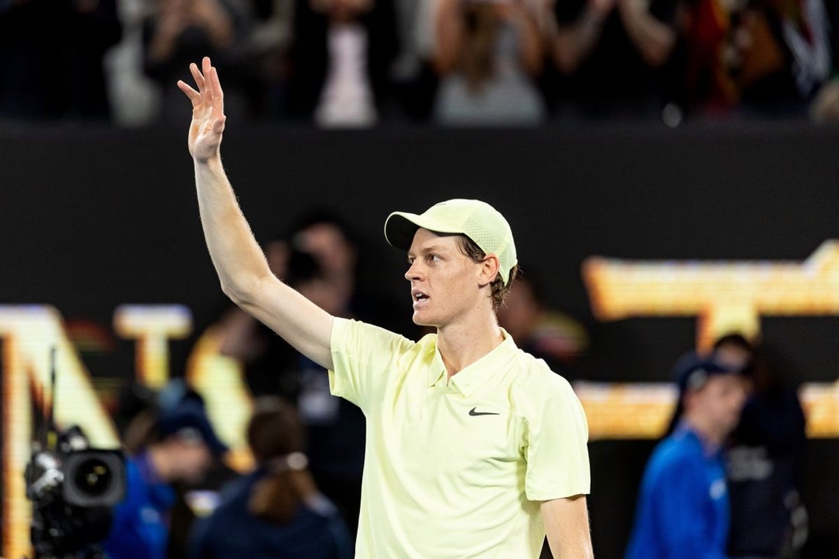 Jan 26, 2025; Melbourne, Victoria, Australia; Jannik Sinner of Italy celebrates after winning his match against Alexander Zverev of Germany in the final of the men's singles at the 2025 Australian Open at Melbourne Park. Mandatory Credit: Mike Frey-Imagn Images