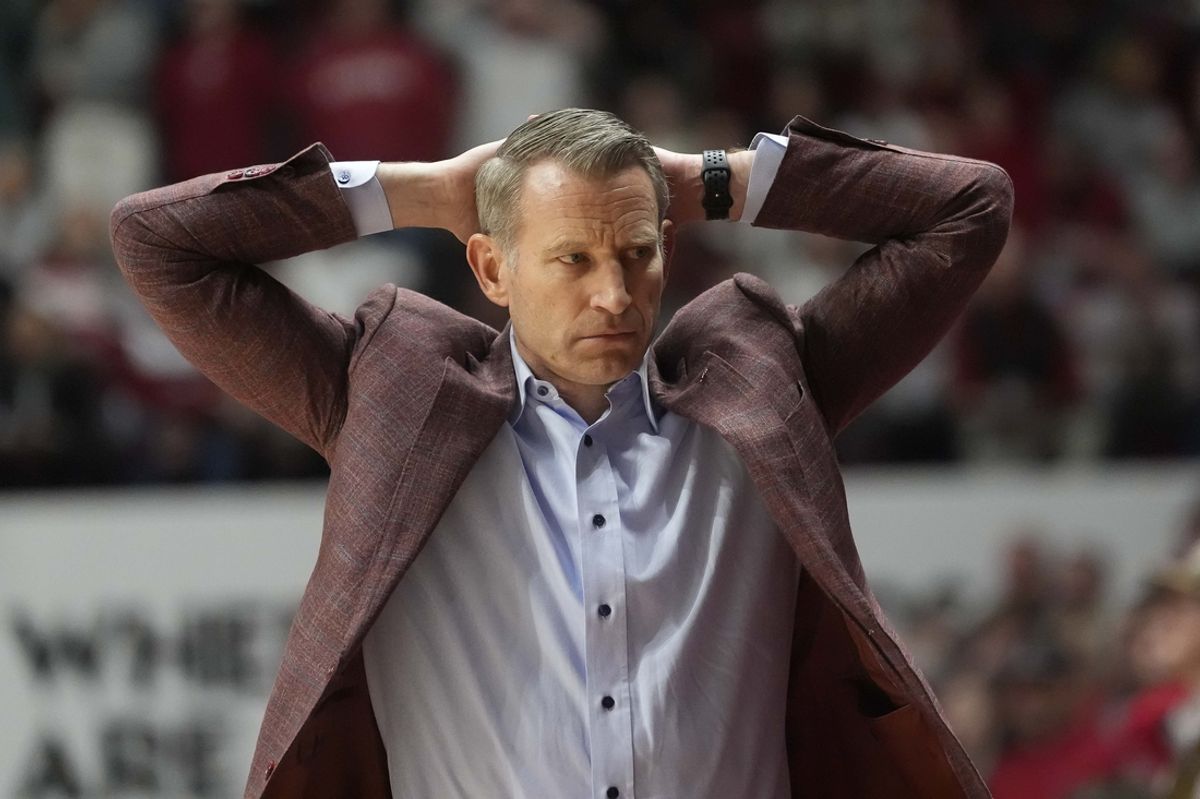 Jan 25, 2025; Tuscaloosa, AL, USA;  Alabama head coach Nate Oats reacts after an Alabama player was called for a foul on a missed three point shot by LSU at Coleman Coliseum. Alabama defeated LSU 80-73. Mandatory Credit: Gary Cosby Jr.- Imagn Images