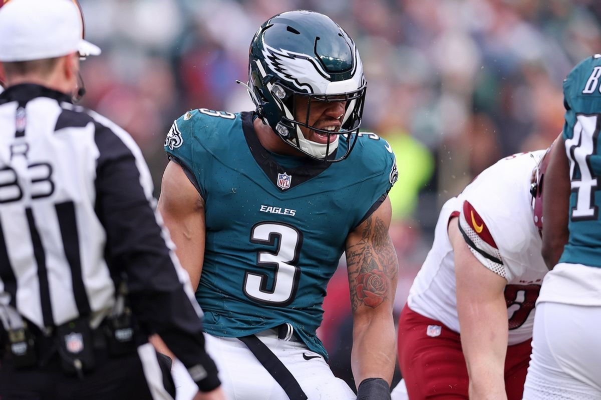 Jan 26, 2025; Philadelphia, PA, USA; Philadelphia Eagles linebacker Nolan Smith Jr. (3) reacts after a play against the Washington Commanders during the first half of the NFC Championship game at Lincoln Financial Field. Mandatory Credit: Bill Streicher-Imagn Images