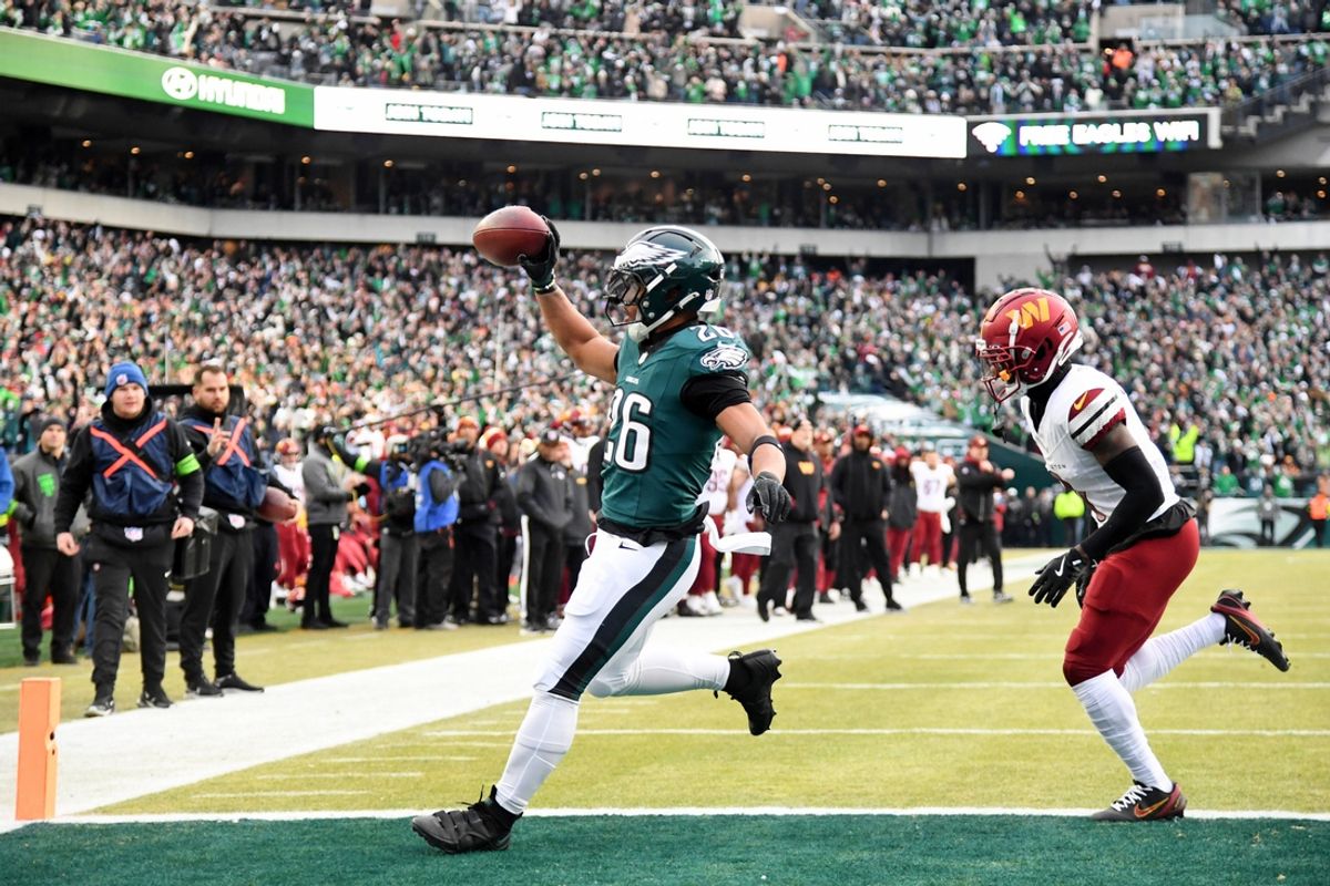 Jan 26, 2025; Philadelphia, PA, USA; Philadelphia Eagles running back Saquon Barkley (26) reacts after a touchdown against the Washington Commanders during the first half in the NFC Championship game at Lincoln Financial Field. Mandatory Credit: Eric Hartline-Imagn Images