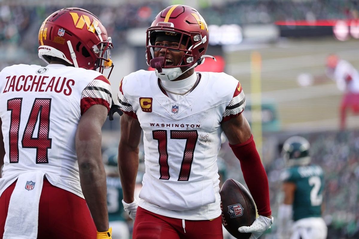 Jan 26, 2025; Philadelphia, PA, USA; Washington Commanders wide receiver Terry McLaurin (17) reacts after a play with wide receiver Olamide Zaccheaus (14) against the Philadelphia Eagles during the first half in the NFC Championship game at Lincoln Financial Field. Mandatory Credit: Bill Streicher-Imagn Images