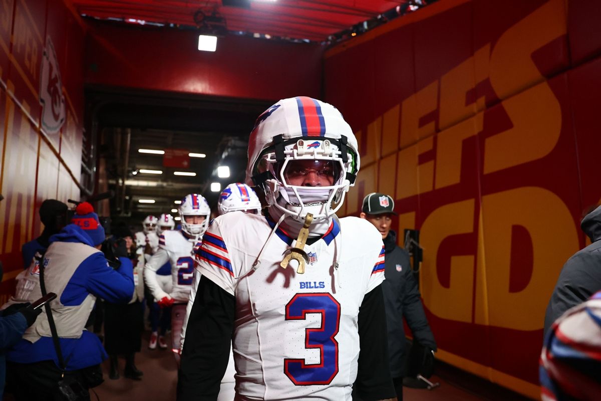 Jan 26, 2025; Kansas City, MO, USA; Buffalo Bills safety Damar Hamlin (3) takes the field before the AFC Championship game against the Kansas City Chiefs at GEHA Field at Arrowhead Stadium. Mandatory Credit: Mark J. Rebilas-Imagn Images