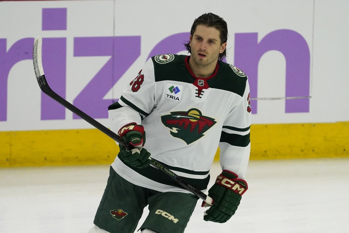 Jan 26, 2025; Chicago, Illinois, USA; Minnesota Wild right wing Ryan Hartman (38) warms up before a game against the  Chicago Blackhawks at United Center. Mandatory Credit: David Banks-Imagn Images