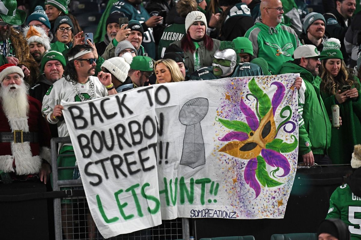 1Jan 26, 2025; Philadelphia, PA, USA; Philadelphia Eagles fans hold a sign after defeating the Washington Commanders in the NFC Championship game at Lincoln Financial Field. Mandatory Credit: Eric Hartline-Imagn Images
