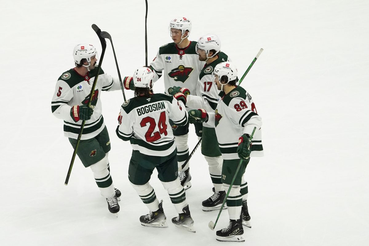 Jan 26, 2025; Chicago, Illinois, USA; Minnesota Wild left wing Marcus Foligno (17) celebrates his goal against the Chicago Blackhawks during the third period at United Center. Mandatory Credit: David Banks-Imagn Images